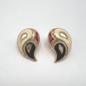 Vintage Avon Paisley Teardrop Earrings Cream Black Red Enamel Gold Tone Nautical
